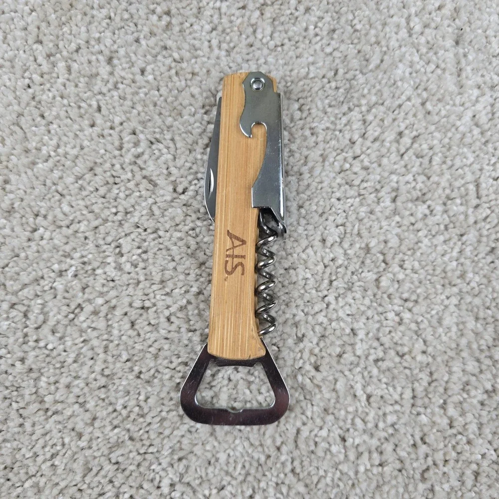 Waiters Corkscrew Brown Bamboo Wood Multi-Tool‎ Bottle Opener AIS Logo